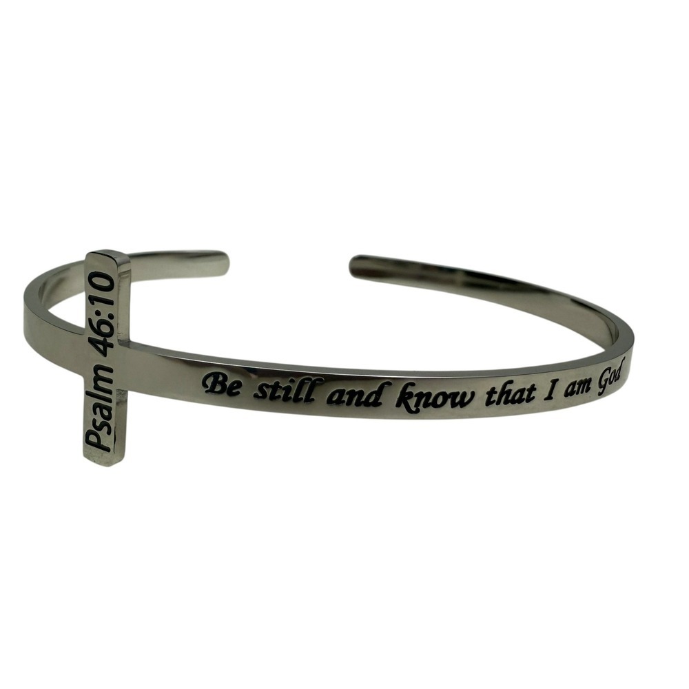 Silver Tone Cross Cuff Bracelet Psalm 46:10 Religious Jewelry Size 6.25